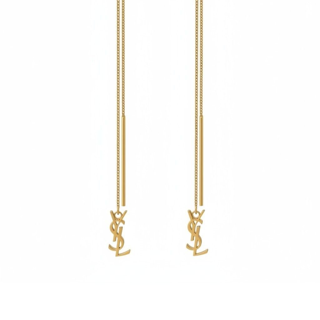 Saint Laurent Cassandra YSL Logo Opium Long Chain Earrings Gold Metal