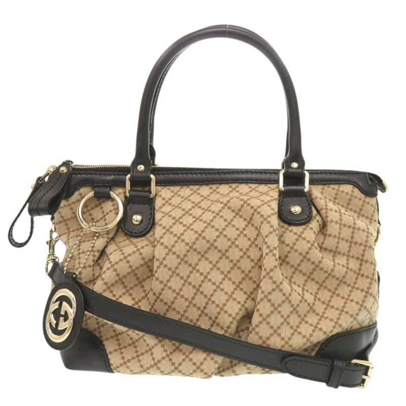 Gucci GG Canvas Leather Beige Black 2-Way Handbag 1465