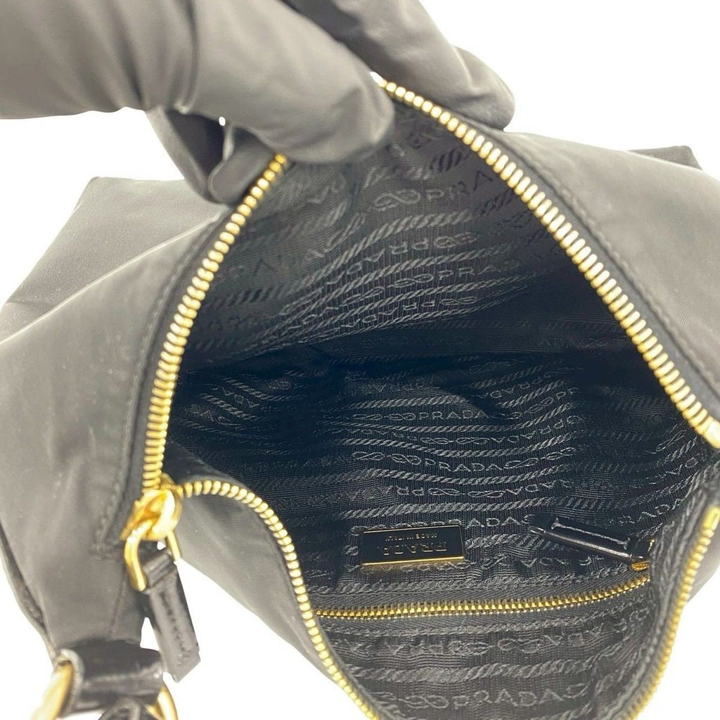 Prada Triangle Logo Nylon Patent Studs Shoulder Bag Black — view 9