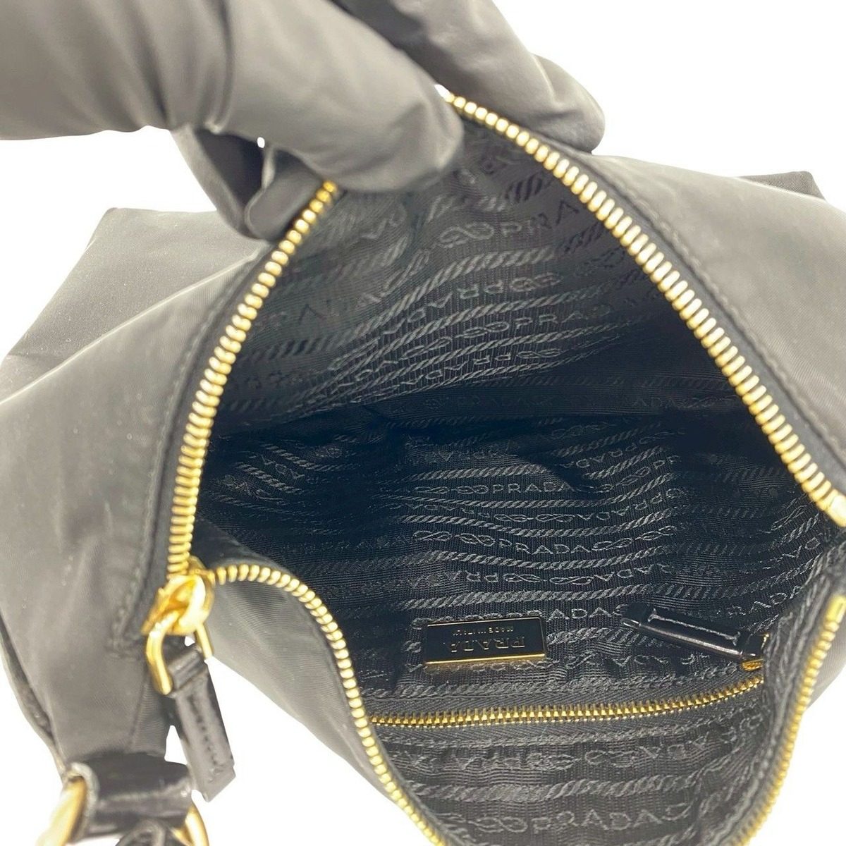 Prada Triangle Logo Nylon Patent Studs Shoulder Bag Black — view 9