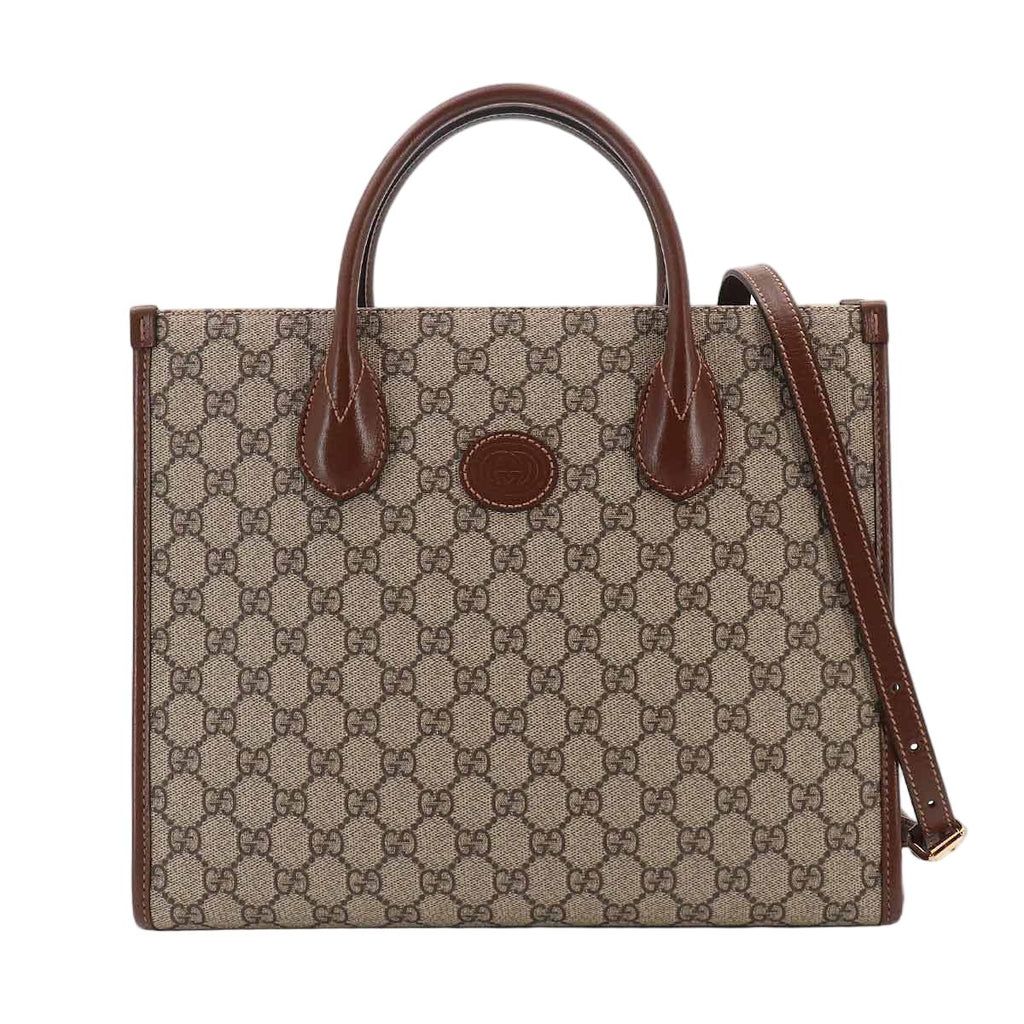 Gucci Interlocking Small 2-Way Tote Shoulder Bag GG Supreme Leather Beige