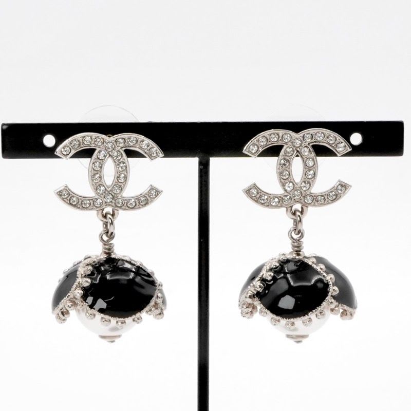 Chanel Earrings Silver Black Coco Mark Rhinestone Flower — view 8