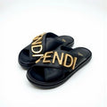Fendi Sandals Shoes Leather Black Gold Logo Flat