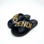 Fendi Sandals Shoes Leather Black Gold Logo Flat