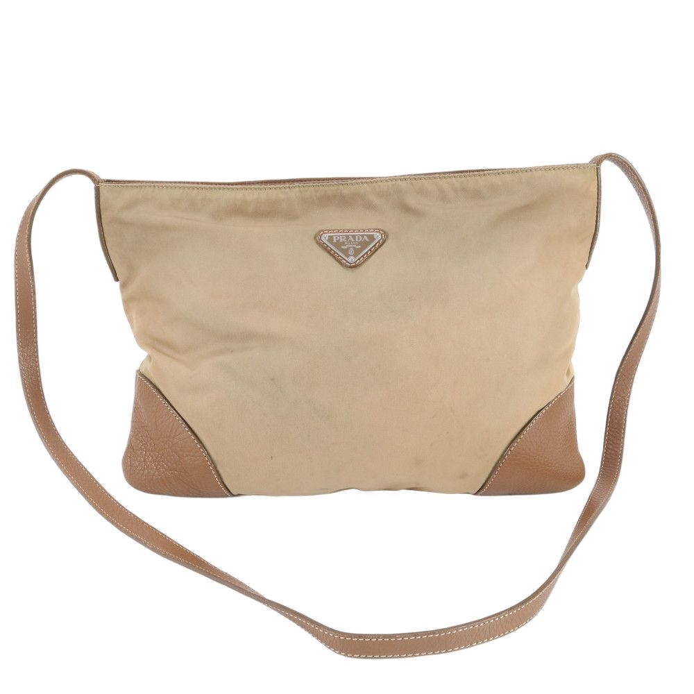 Prada Tessuto Nylon Triangle Logo Leather Shoulder Bag Crossbody Beige