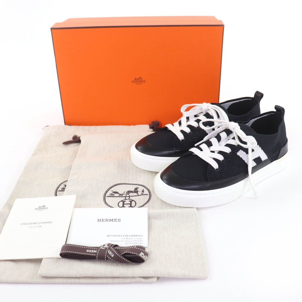Hermes Deep Logo Leather Low Cut Sneakers Black White 36 — view 2