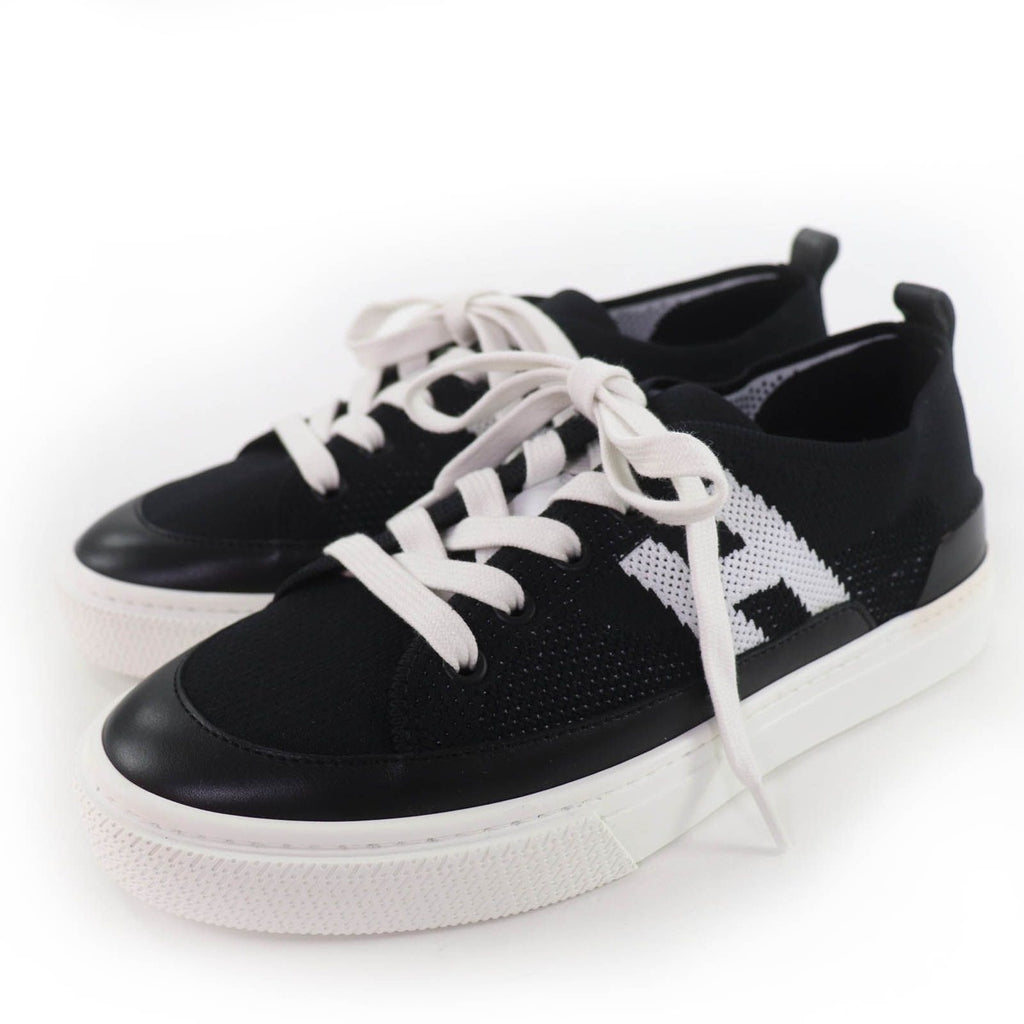 Hermes Deep Logo Leather Low Cut Sneakers Black White 36