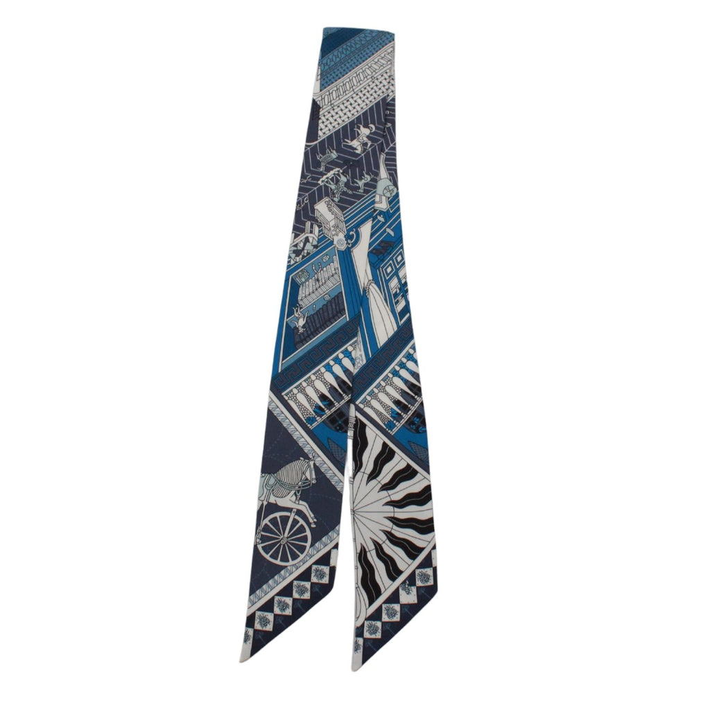 Hermes Twilly Objet de Curiosite Silk Blue White Scarf