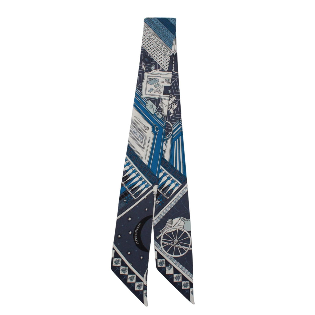 Hermes Twilly Objet de Curiosite Silk Blue White Scarf — view 2