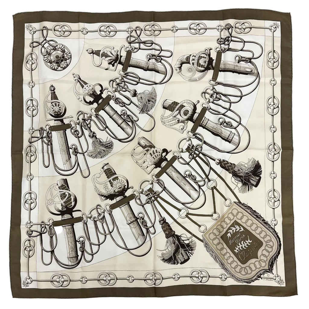 Hermes Carre 90 Cliquetis Silk Brown Beige Scarf