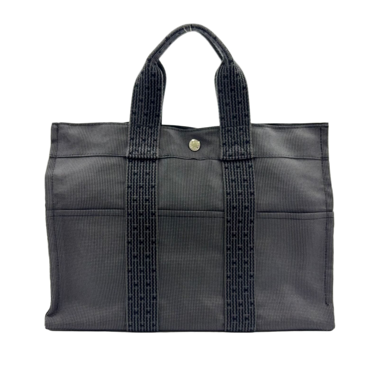 Hermes Fourre Tout Canvas Gray Black Tote Silver