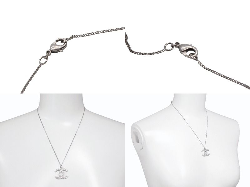 Chanel CC Logo Square Rhinestone Necklace 09 50 Silver Metal — view 7