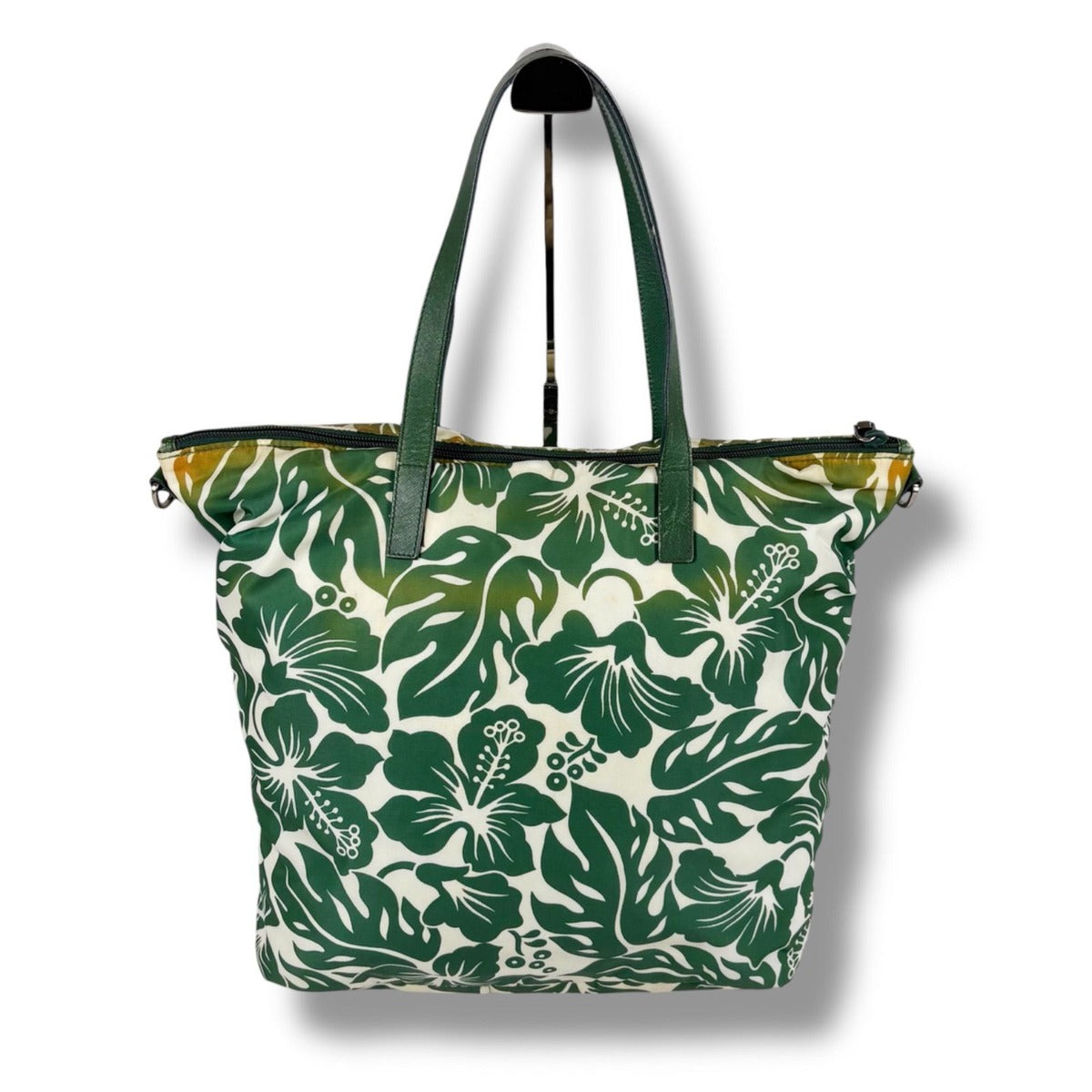 Prada Hibiscus Tote Flower Tessuto Nylon Green Triangle Logo — view 2