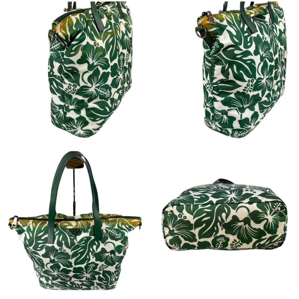 Prada Hibiscus Tote Flower Tessuto Nylon Green Triangle Logo — view 3