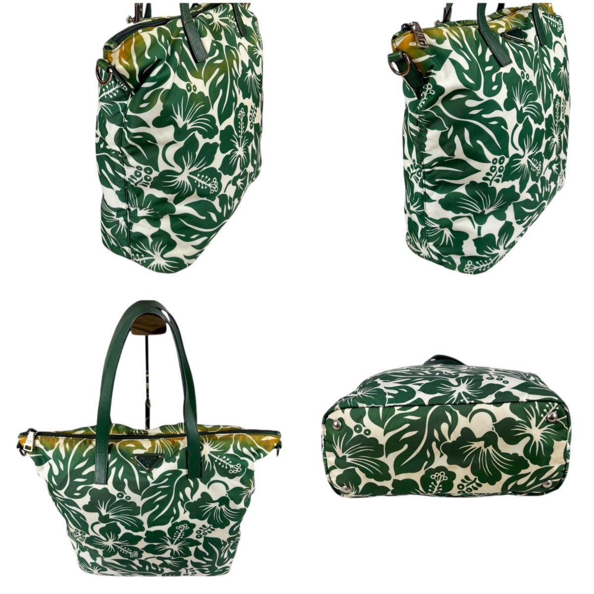Prada Hibiscus Tote Flower Tessuto Nylon Green Triangle Logo — view 3