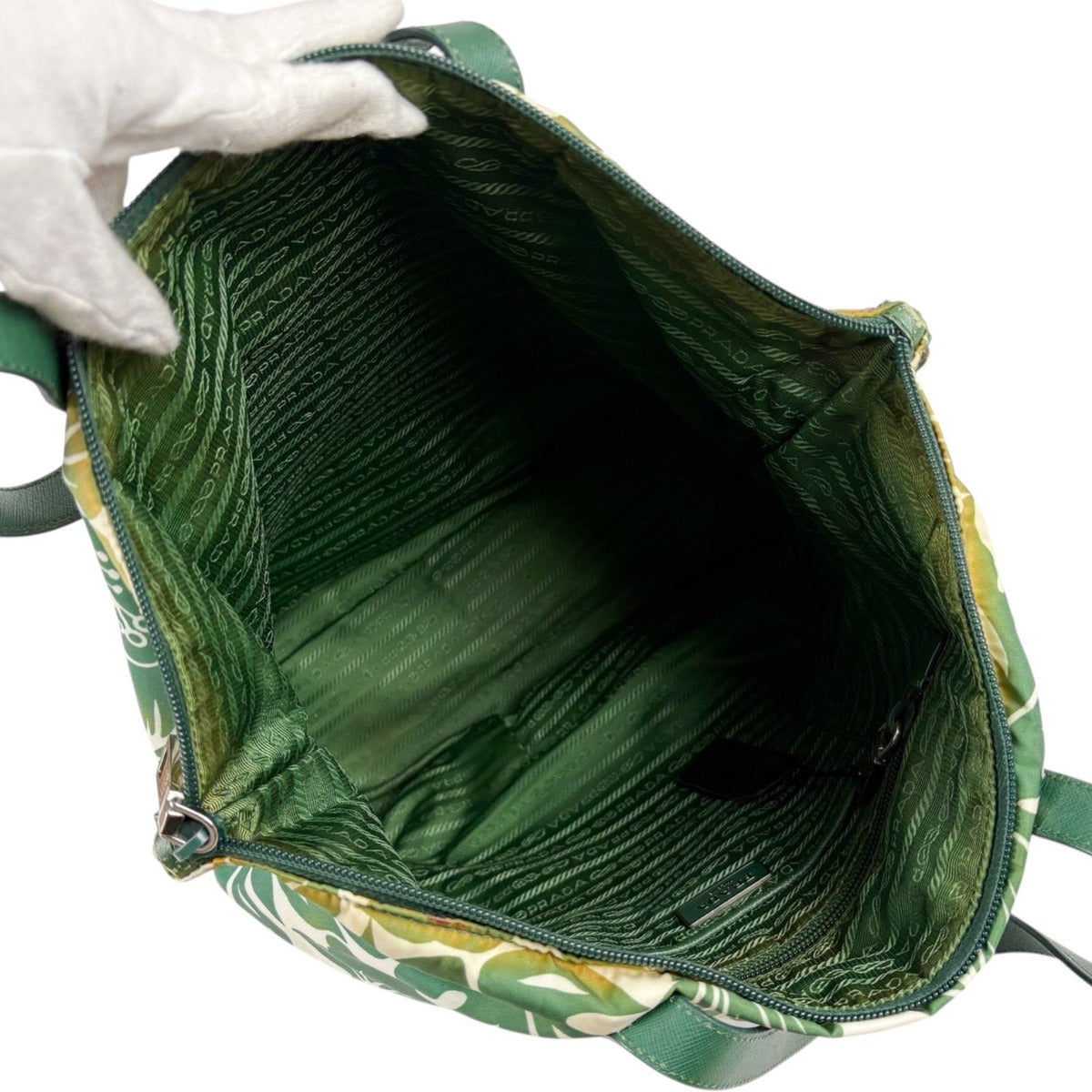 Prada Hibiscus Tote Flower Tessuto Nylon Green Triangle Logo — view 8