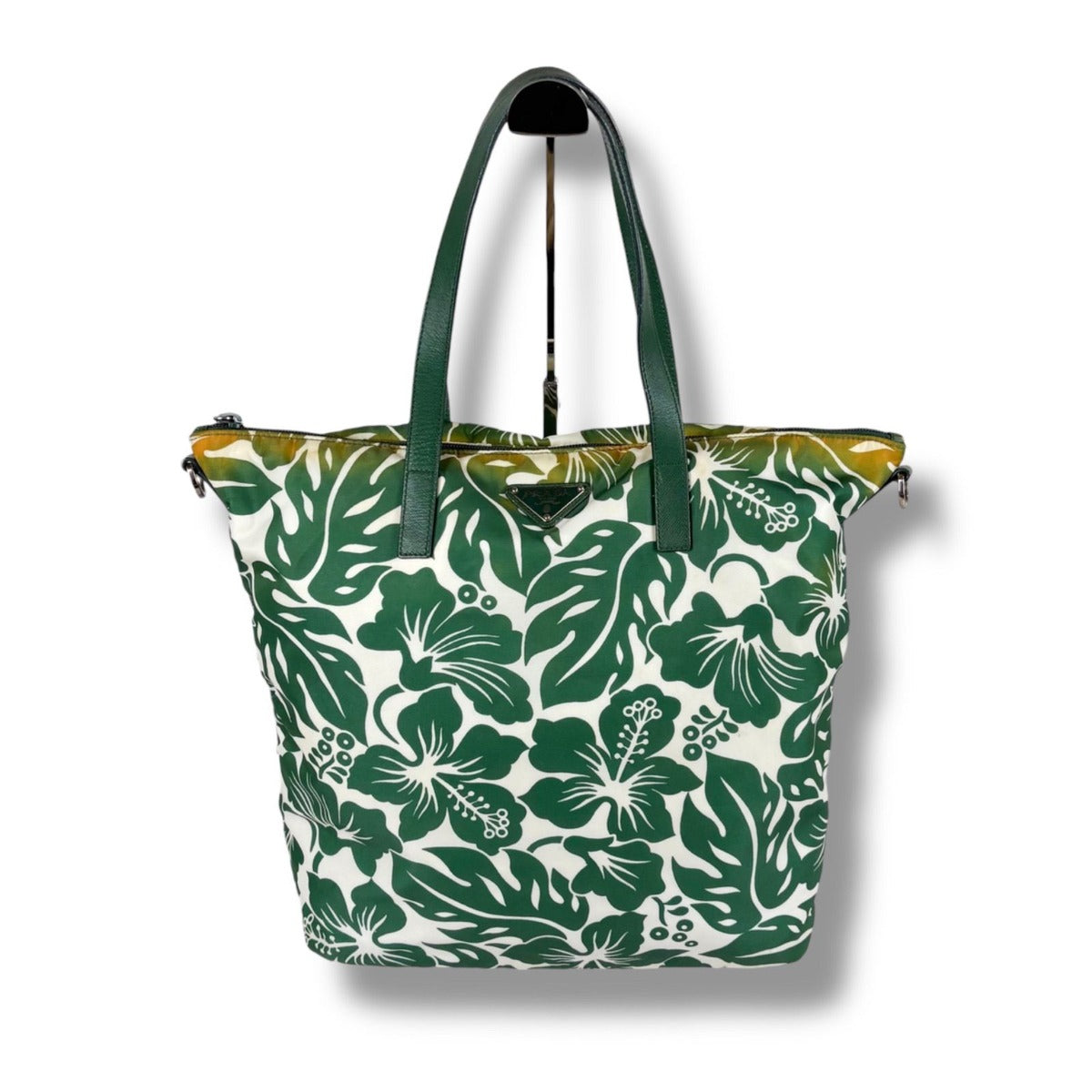 Prada Hibiscus Tote Flower Tessuto Nylon Green Triangle Logo