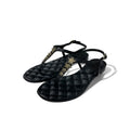 Chanel Sandals Shoes Leather Black Gold CC Logo Star Quilted Thong Flat