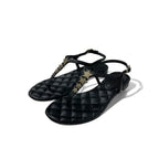 Chanel Sandals Shoes Leather Black Gold CC Logo Star Quilted Thong Flat