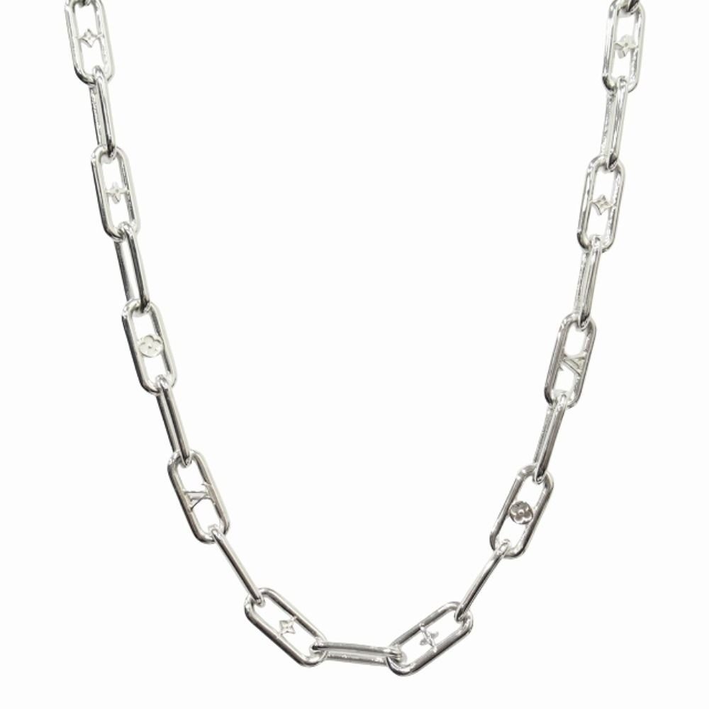 Louis Vuitton Sleek Monogram Chain Necklace LV Logo Flower Silver