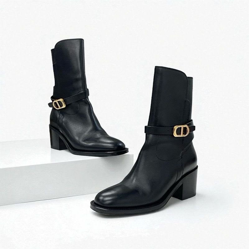 Christian Dior Empreinte Boots Short Shoes Leather Black Gold Belt Logo