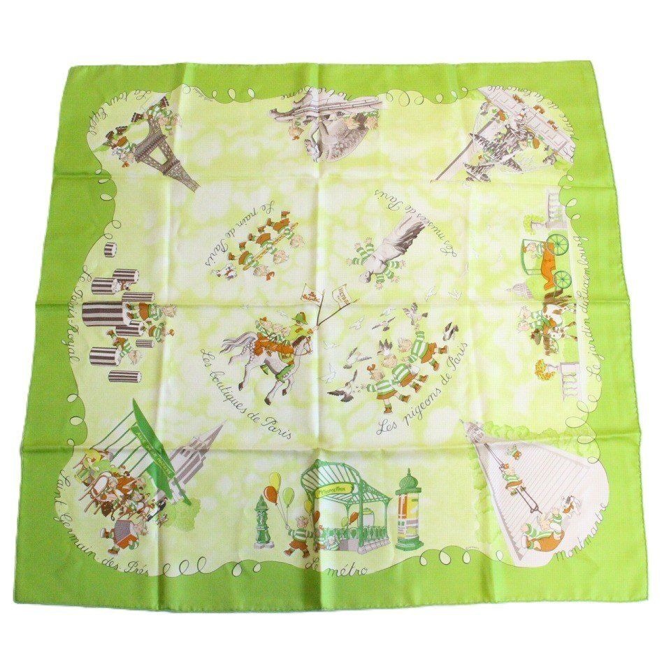 Hermes Carre 90 Scarf les Triples de Paris Mischievous Triplets Silk Green