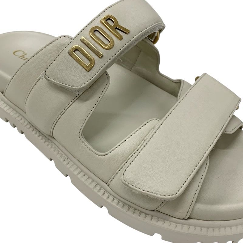 Christian Dioract Sandals Shoes Leather Ivory Gold Logo Velcro Strap — view 9