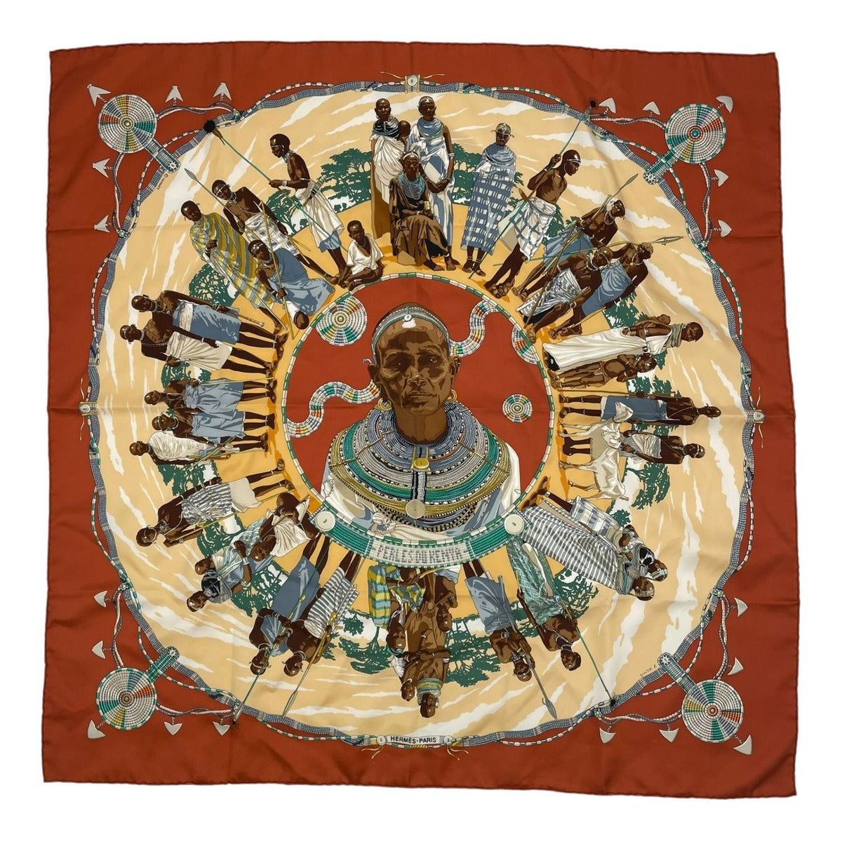 Hermes Carre 90 Silk Scarf Perles du Kenya Kenyan Pearl Brown