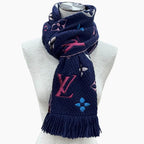 Louis Vuitton Echarpe Logo Mania Wool Silk Scarf with Fringe Navy Multi — view 2