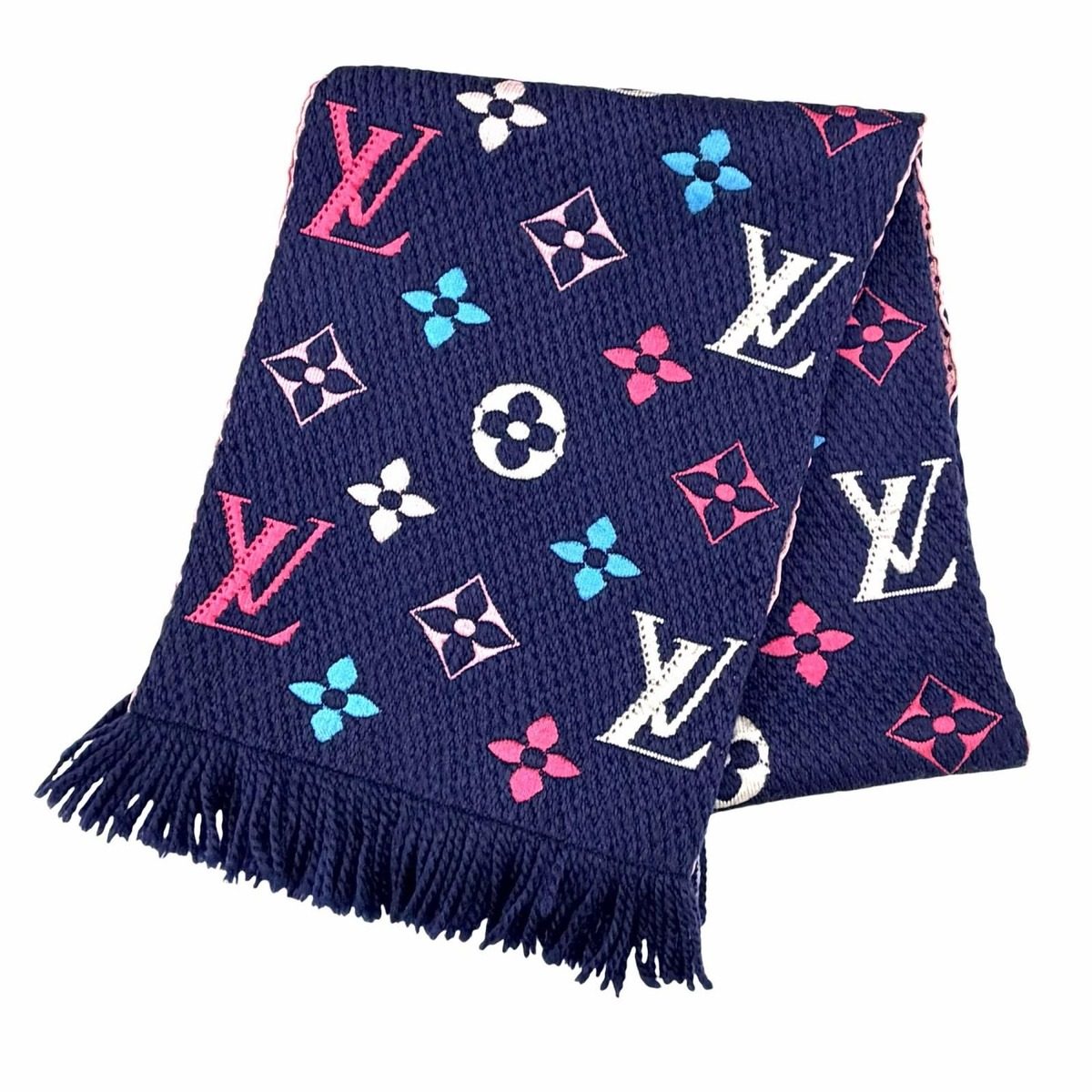 Louis Vuitton Echarpe Logo Mania Wool Silk Scarf with Fringe Navy Multi — view 3