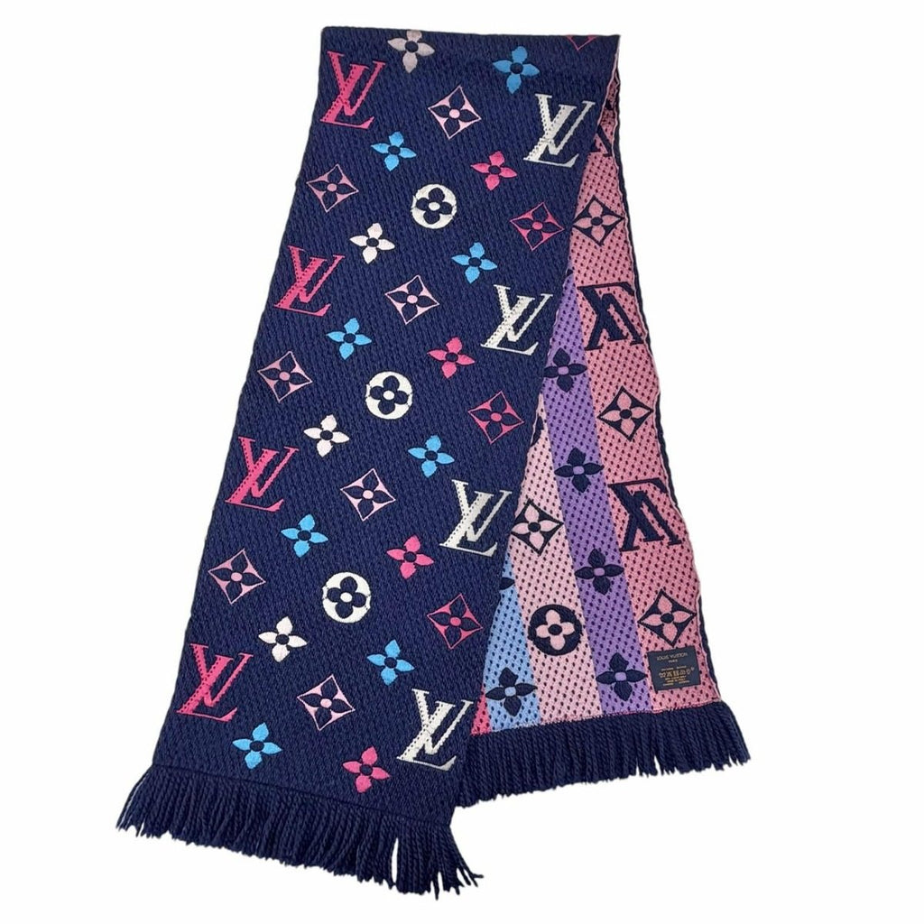 Louis Vuitton Echarpe Logo Mania Wool Silk Scarf with Fringe Navy Multi