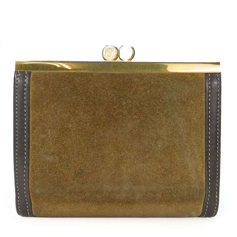 Loewe Trifold Wallet Suede Leather Khaki Brown Gold Hardware Anagram Clasp — view 2