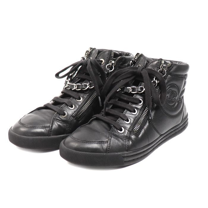 Chanel Leather Chain High Cut Sneakers Black 33