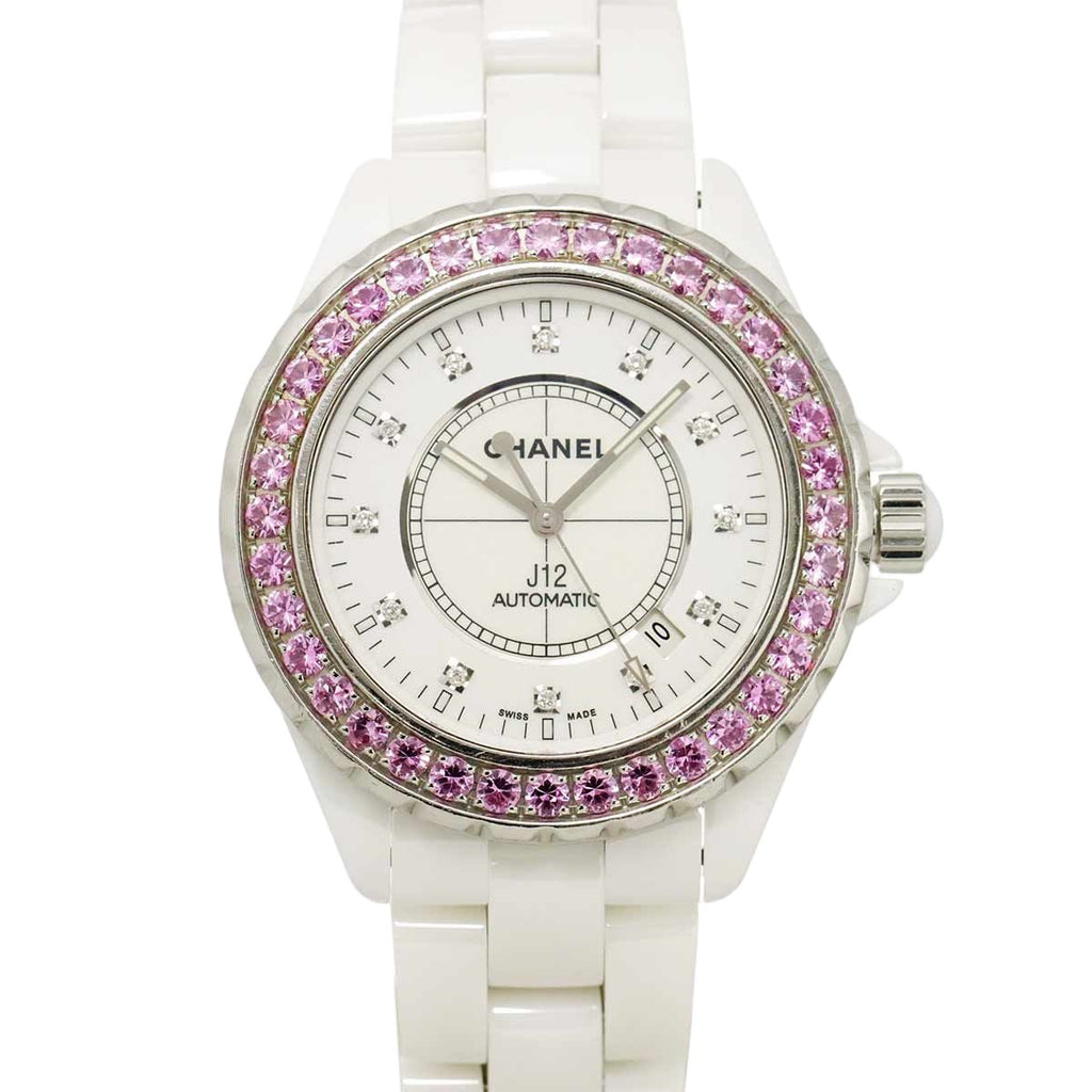 Chanel 42 Watch Date Diamond Pink Saffiano Bezel White Ceramic Automatic Winding