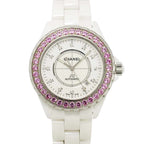 Chanel 42 Watch Date Diamond Pink Saffiano Bezel White Ceramic Automatic Winding