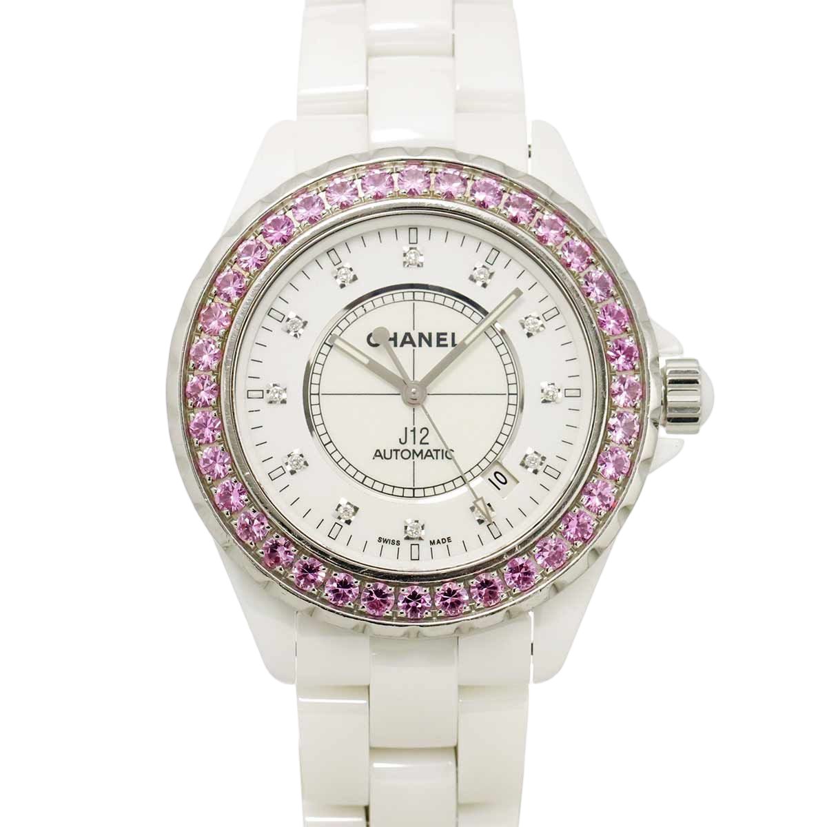 Chanel 42 Watch Date Diamond Pink Saffiano Bezel White Ceramic Automatic Winding