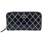 Chanel Wild Stitch Zip Around Lambskin Black Wallet Silver
