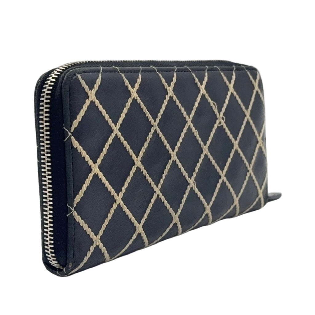 Chanel Wild Stitch Zip Around Lambskin Black Wallet Silver — view 2