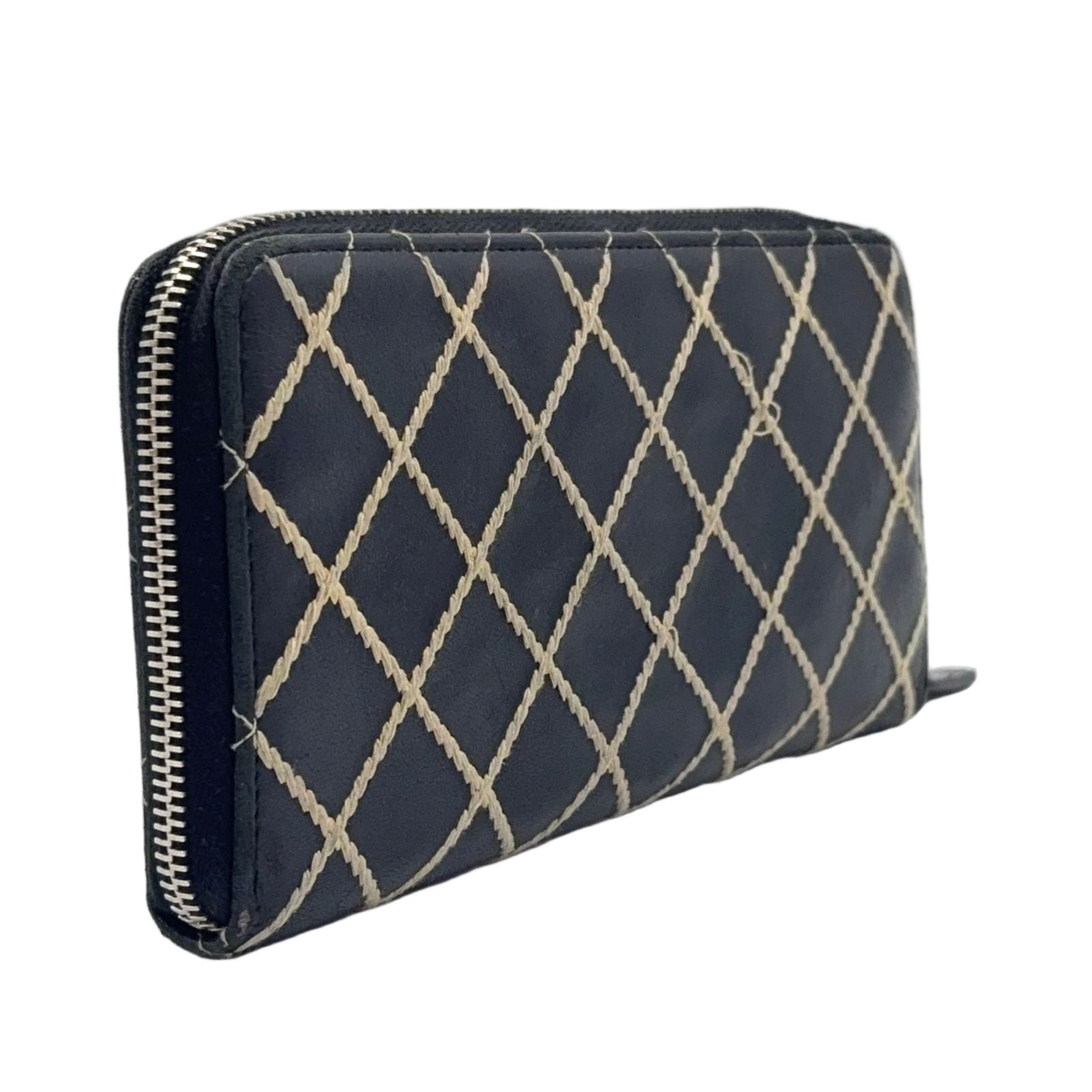 Chanel Wild Stitch Zip Around Lambskin Black Wallet Silver — view 2
