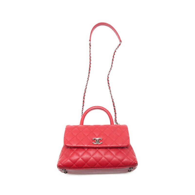 Chanel Quilted Coco Handle 2-Way Handbag Caviar Leather Red With Silver Hardware — view 6