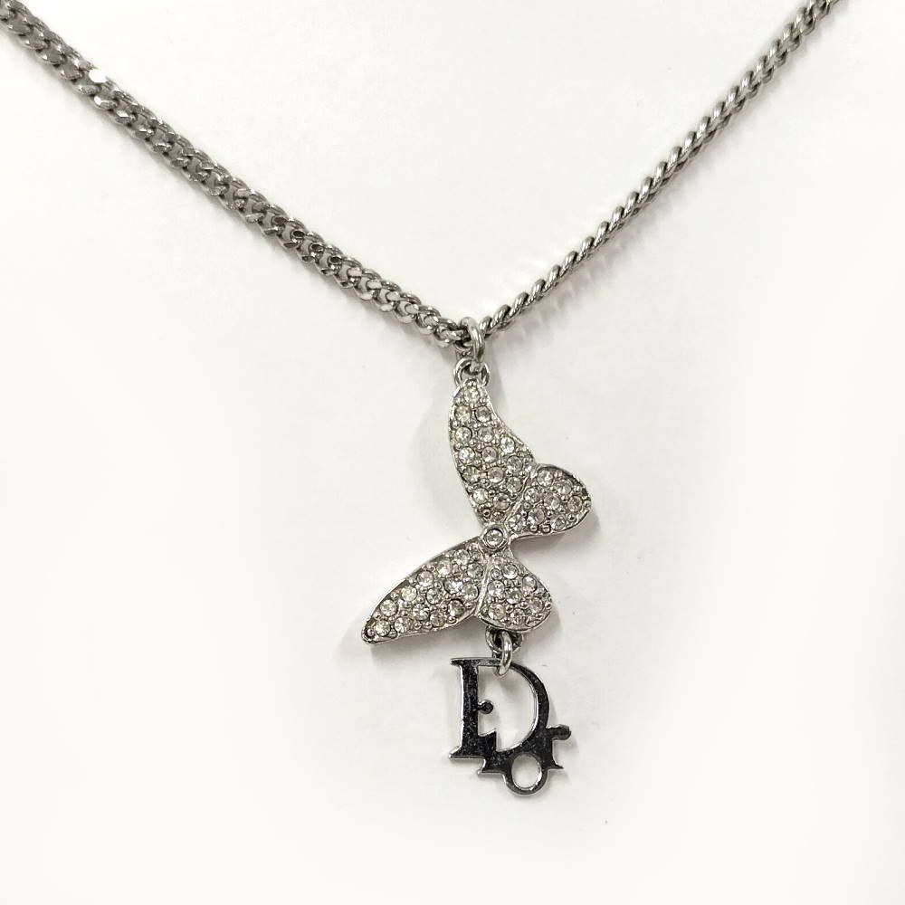 Dior Butterfly Necklace Logo Rhinestone Plated Silver