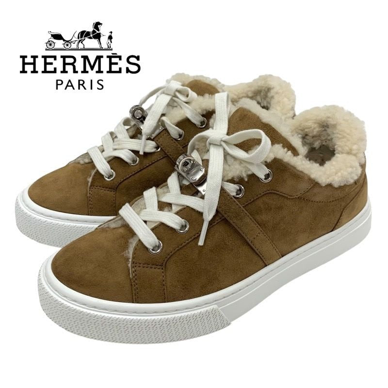 Hermes Day Sneakers Shoes Kelly Hardware Suede Shearling Brown