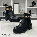 Gucci Leather Bijou GG Marmont Belt Side Gore Short Boots