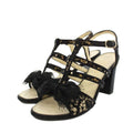 Chanel Gurkha Sandals High Heel Chunky Ankle Strap CC Logo Lace Ribbon Leather