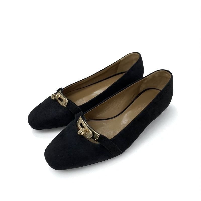 Hermes Bilbao Flat Shoes Suede Black Gold Kelly Hardware