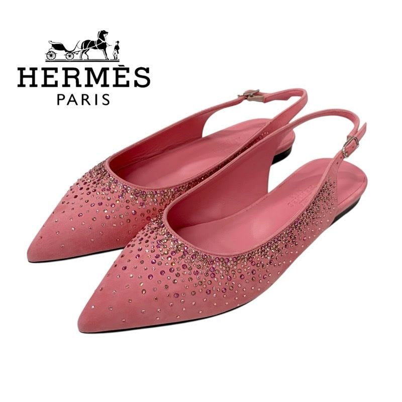 Hermes Flat Shoes Suede Pink Ring Back Rhinestone