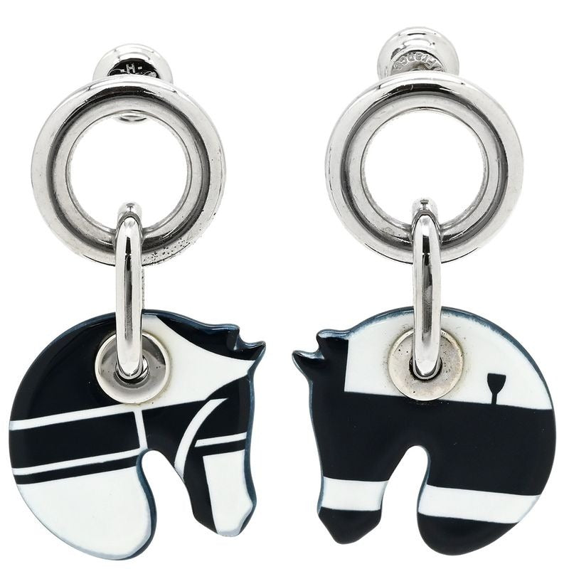 Hermes Earrings Tattersalls Enamel Metal Navy White Horse Print — view 2