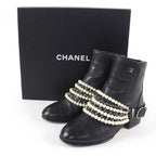 Chanel CC Logo Faux Pearl Chain Leather Short Boots Black 36 — view 2