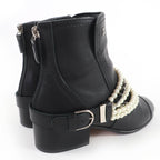 Chanel CC Logo Faux Pearl Chain Leather Short Boots Black 36 — view 3