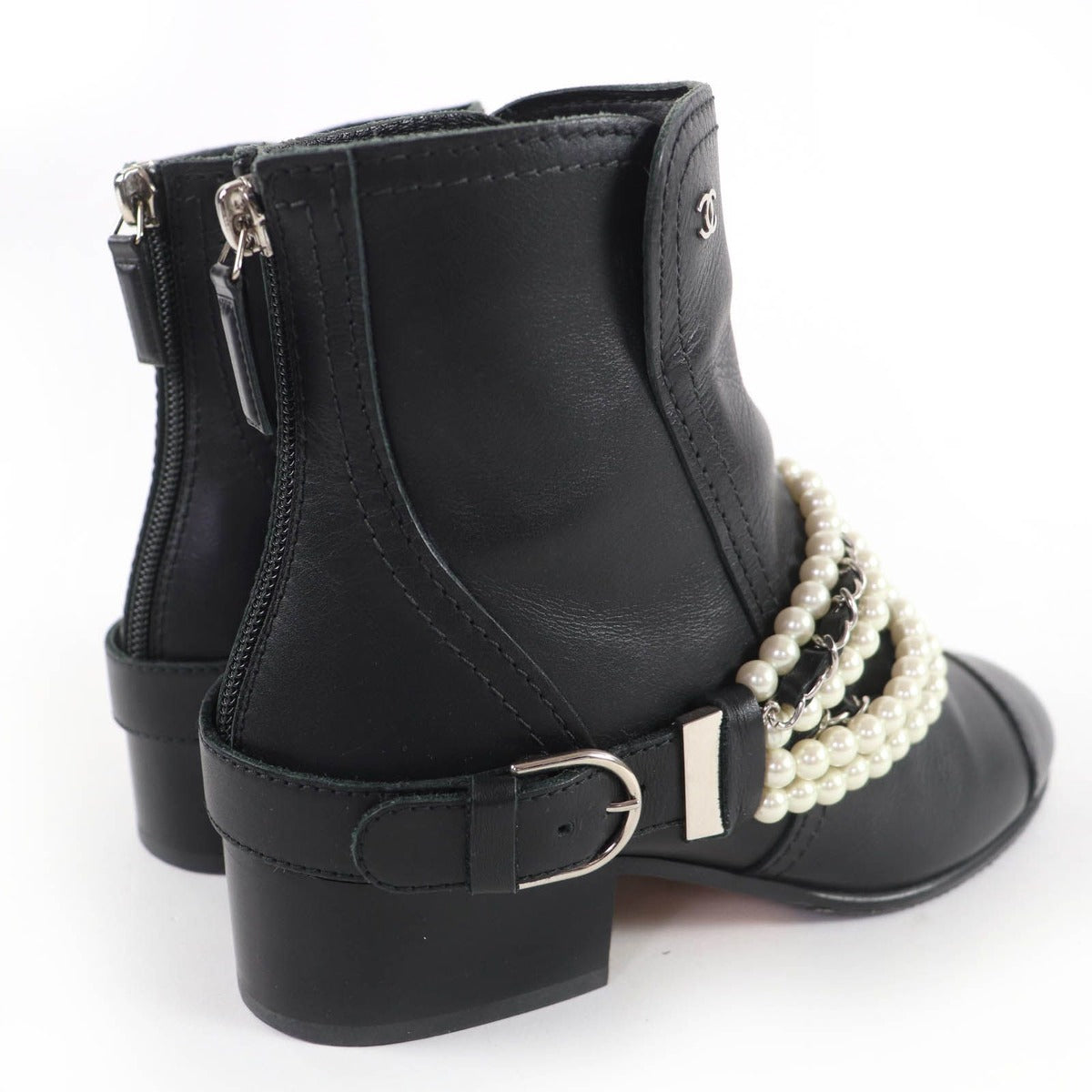 Chanel CC Logo Faux Pearl Chain Leather Short Boots Black 36 — view 3